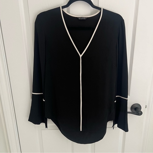 St. John Black Blouse with Creamy White Piping and Bell slit Sleeve Size Small - Picture 2 of 12